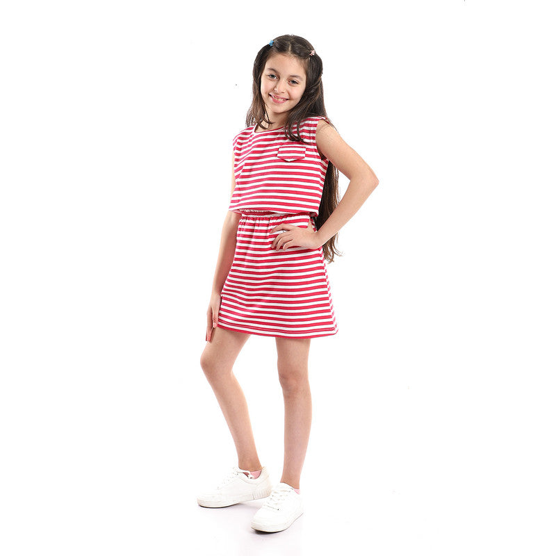 Girls Cap Sleeves Elastic Waist Striped Dress