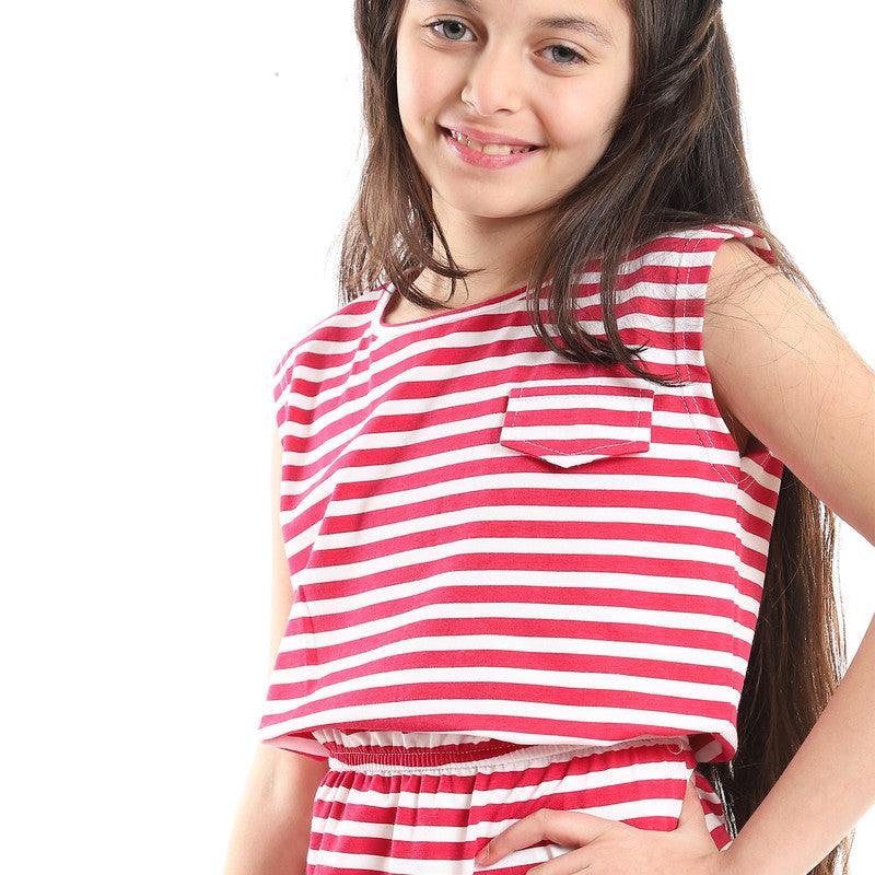 Girls Cap Sleeves Elastic Waist Striped Dress