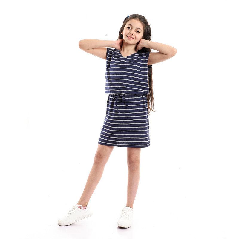 Striped V-Neck Girls Dress With Waist Drawstring