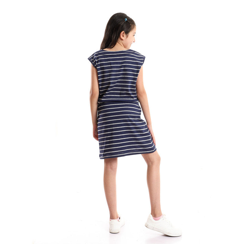 Striped V-Neck Girls Dress With Waist Drawstring