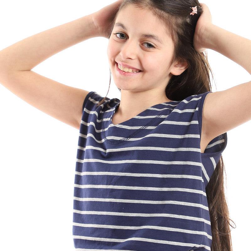 Striped V-Neck Girls Dress With Waist Drawstring