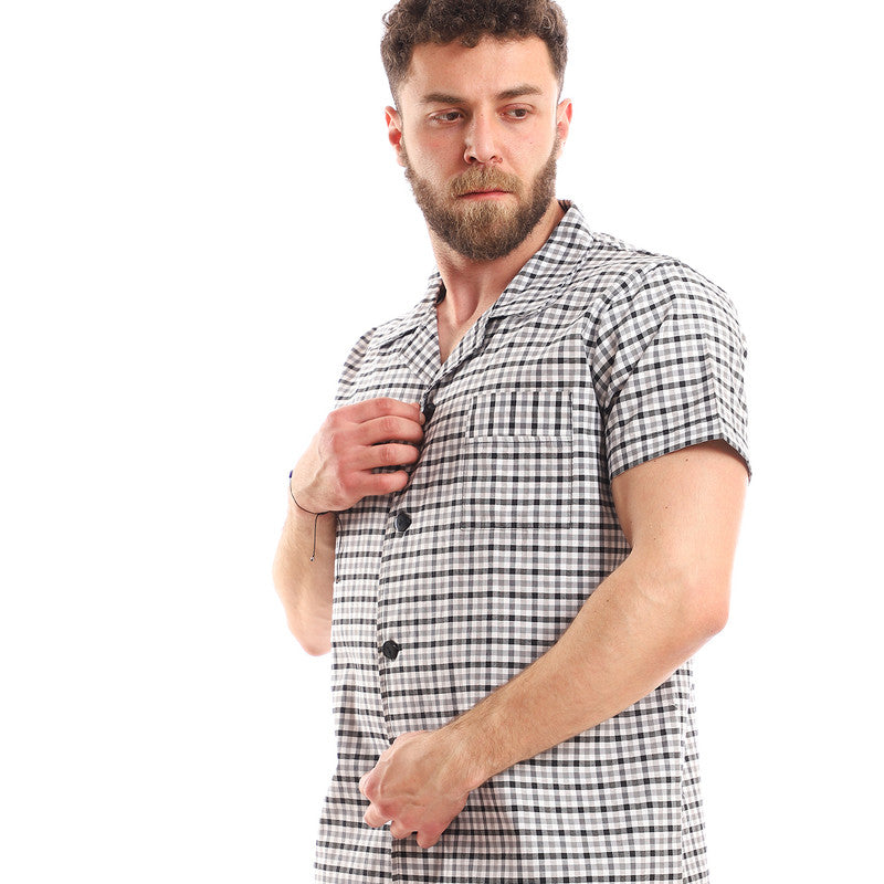 Classic Collar Buttoned Plaids Pajama Set