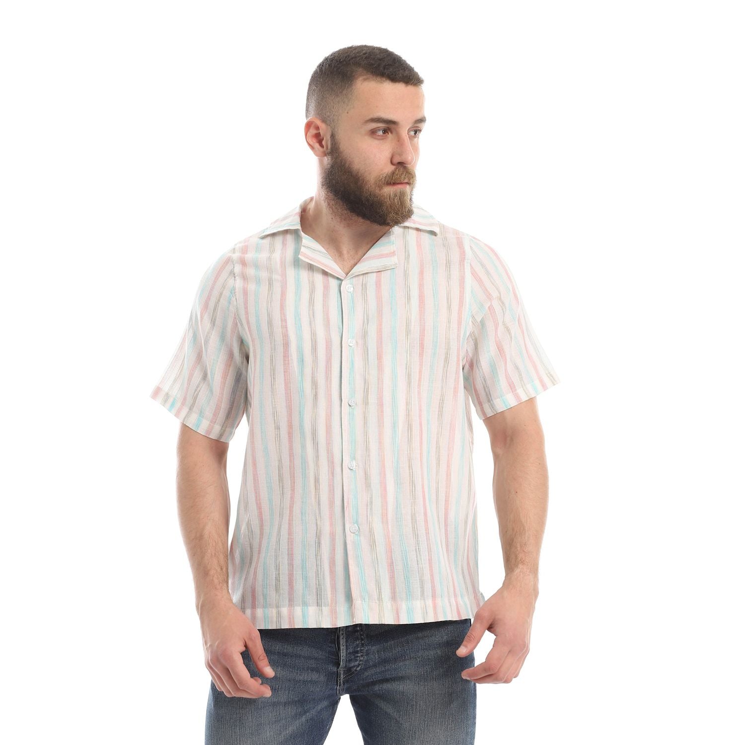 قمصان هاواي كتان مخططة بأكمام قصيرة