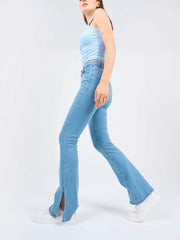 High-Waist Light Wash Side Split Hem Boot-Cut Jeans.