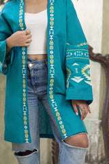 Turquoise Long Embroidered Linen Kimono - Callista
