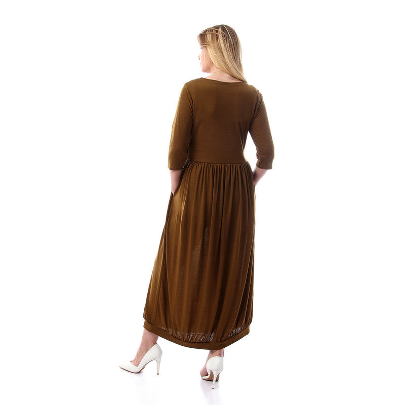 Elbow Sleeves Solid Brown Dress With Hem