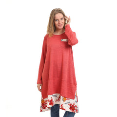 Crew Neck Solid Tunic Top With Floral Trim