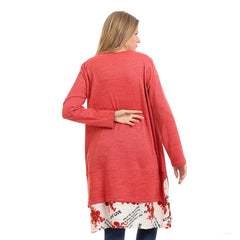 Crew Neck Solid Tunic Top With Floral Trim