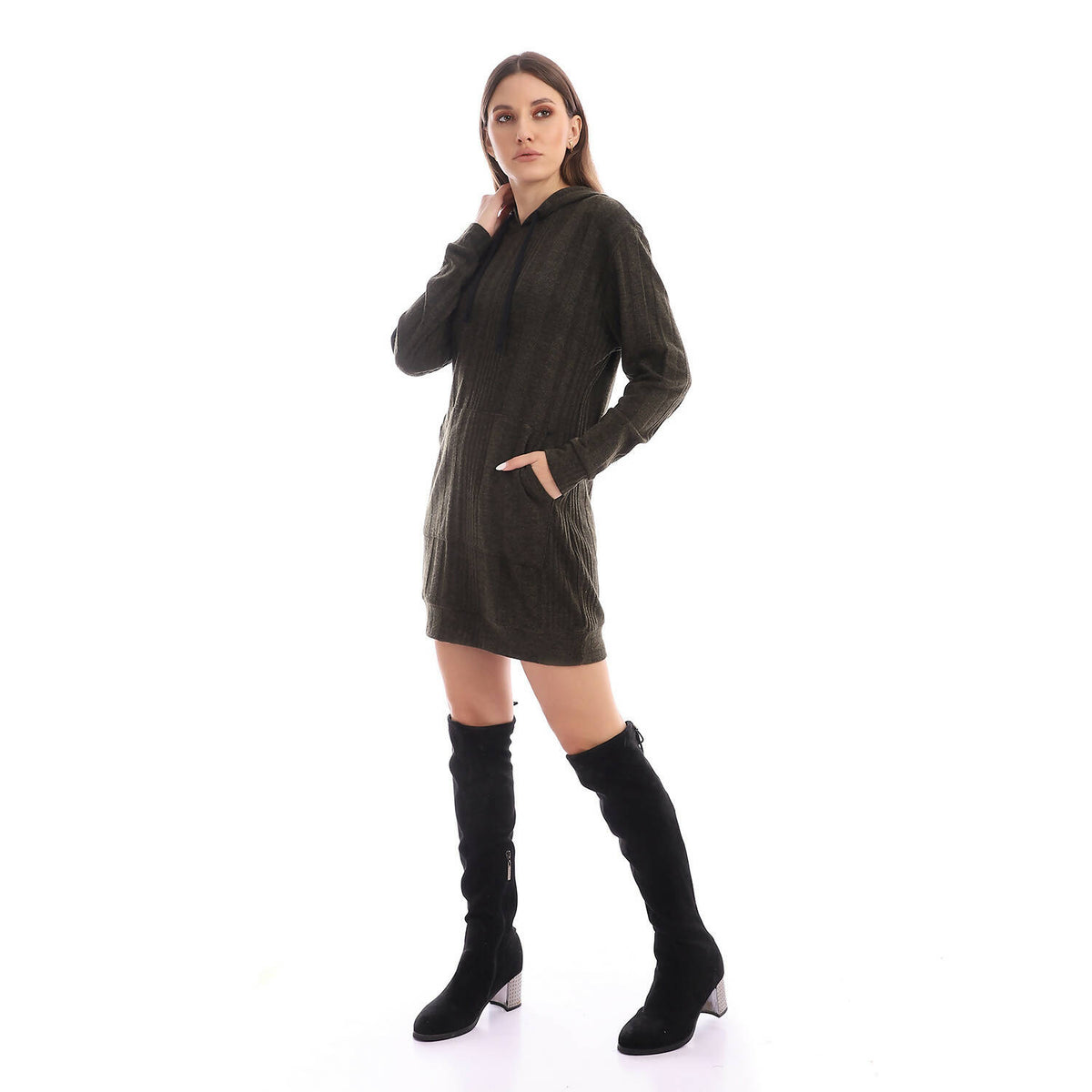 Knitted Hooded Dress With Kangaroo Pocket